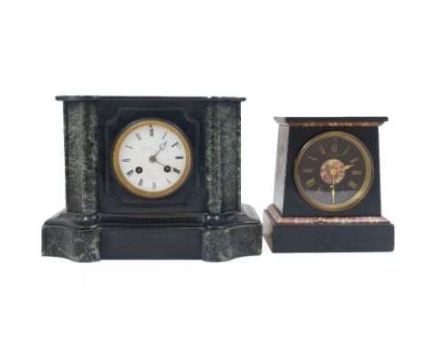 A French black slate and marble mantel clock, late 19th century, with architectural case on shaped plinth base, the white ena