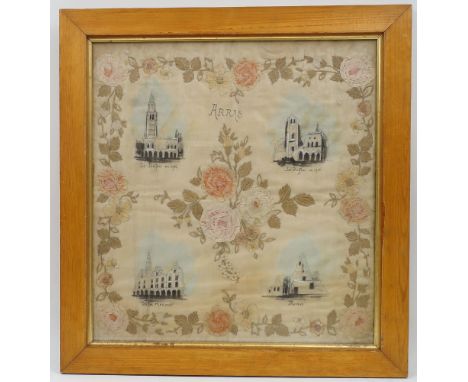 A WWI embroidered and hand-painted silk panel, depicting the destruction of buildings in Arras by German bombardment, within 