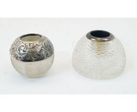 An Edwardian silver mounted glass match striker, Birmingham, c.1905, M Bros, marks rubbed, of ribbed globular form with mount