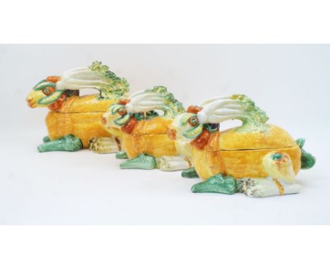 Three modern Italian ceramic vegetable rabbit tureens and covers, monogramed AB an marked ITALY PER L'ARCA ROSA to underside,