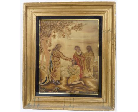 Three framed embroidered silk pictures, early 19th century, comprising: a religious scene with men being blessed under a tree
