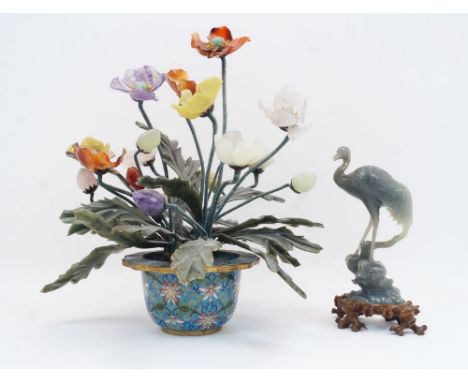 A modern Chinese hardstone flowering tree, with variously coloured stone leaves and buds, issuing from a cloisonne flowerpot,