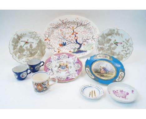 A quantity of porcelain, to include: a large oval Derby dish, early 19th century, decorated in the Imari palette with a bloss