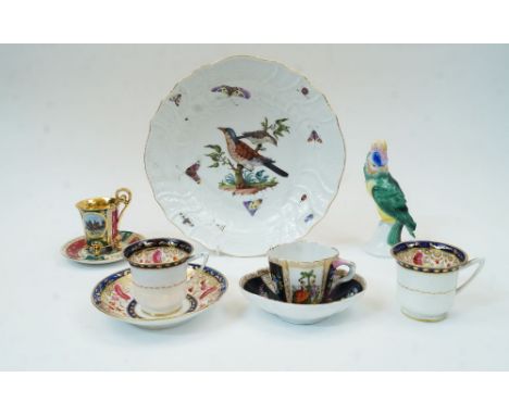 A collection of Continental porcelain, comprising: a Meissen porcelain dish, 19th century, painted with birds on a branch and