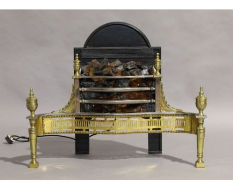 A George III style electric fire grate, late 20th century, brass and steel with urn shape finials, 67cm high, 81cm wide, 30cm