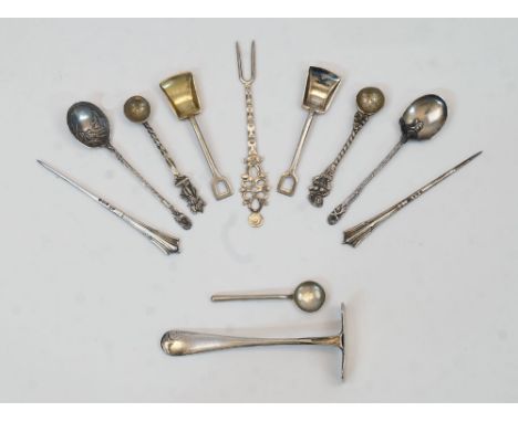 Two Victorian silver Onslow pattern pins, Sheffield, 1896, makers mark rubbed, 9cm high; together with white metal and silver