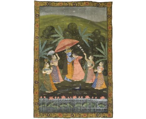 A pichwai, India, 20th century, opaque pigments on textile, of rectangular shape, depicting Krishna and Radha with Gopis, to 