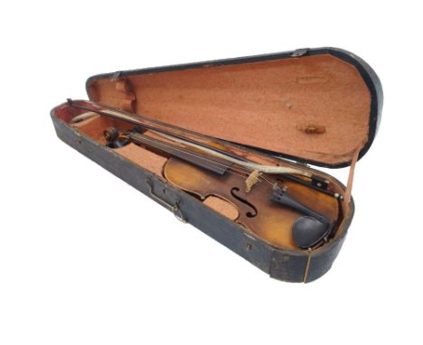 A single-piece back full size violin, no label to the interior, together with a violin bow with mother of pearl eye, rosin an