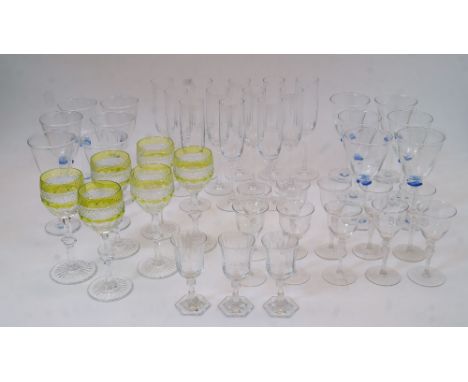 A quantity of drinking glasses, 20th century clear and coloured glass, to include: a set of six St Louis crystal wine goblets