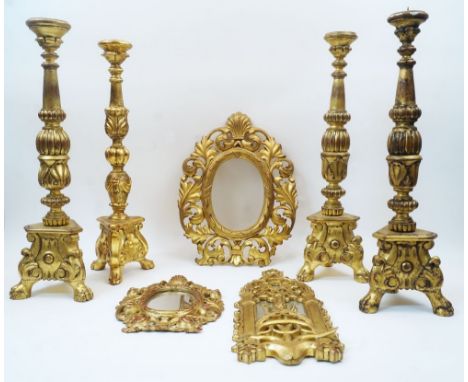 Three modern giltwood pricket candlesticks, two missing pricket, with turned and carved stems on tri-form base with ball and 