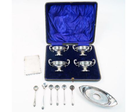 A group of silver, comprising: a cased set of four twin handled urn shaped salts, Birmingham, 1913, William Hutton &amp; Sons
