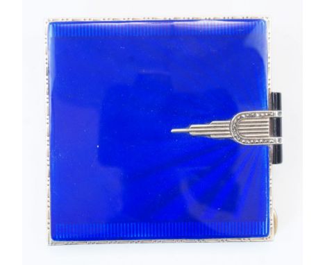 A silver and blue enamel compact, Birmingham, 1948, Henry Clifford Davis, with mirror to interior of lid, approx. 6.5cm wide,