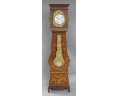 A French Comtoise clock, 19th century, with sheet brass dial surround repousse decorated with foliage and polychrome painted 