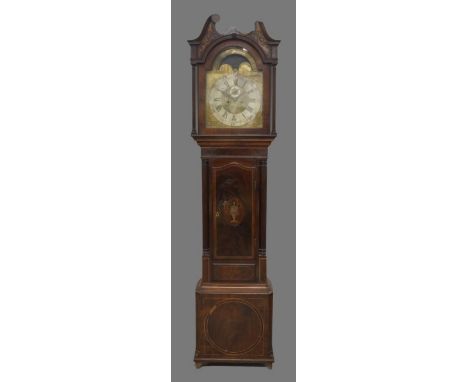 A George III inlaid mahogany longcase clock, with broken swan neck pediment with floral marquetry inlay above twin reeded col