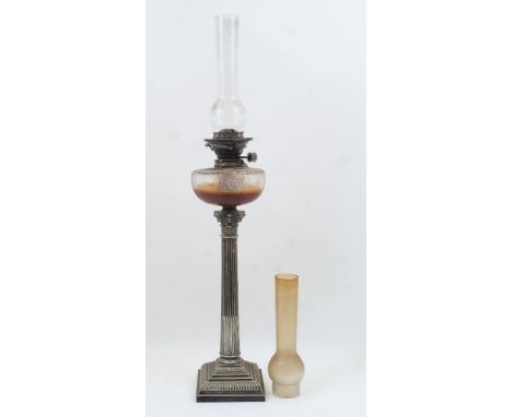 A Victorian silver plated oil lamp, by Hinks & Sons, the floral etched and cut glass reservoir containing oil, on silver plat