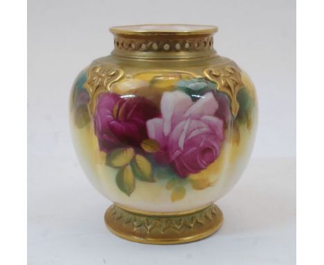 A Royal Worcester pot pourri vase, signed by M Hunt, puce mark for 1897, decorated with roses, lacking cover, 10cm high     P