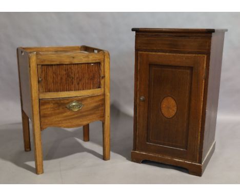 A George III mahogany tray top bedside cabinet, circa 1780, with tambour front door above single drawer, 76cm high, 52cm wide