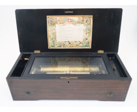 A Swiss ebonised and marquetry cylinder music box, late 19th century, the rectangular case with floral spray to the lid, the 