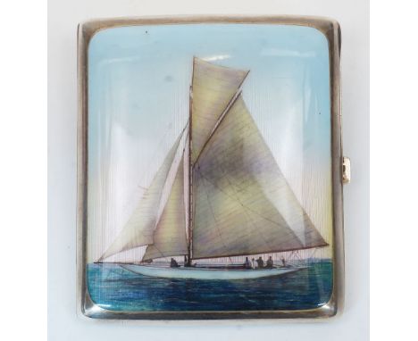 A silver and enamel cigarette case, marked 925, Birmingham import mark, probably Skinner & Co., the lid with enamel panel dep