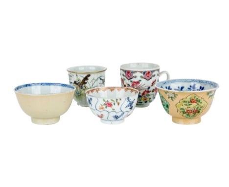 Four Chinese tea bowls and a coffee cup, Kangxi period and later, comprising two Kangxi tea bowls of creamy glaze, one painte
