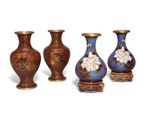 Two pairs of Chinese cloisonné vases, early 20th century, the baluster pair with floral decoration over russet tones, 18.7cm 
