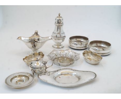 A collection of silver, to include: a twin handled sauce boat and stand, Chester, 1906, Barker Brothers (Herbert Edward Barke