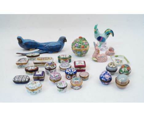 A group of Herend porcelain collectibles, 20th century, with printed factory marks, comprising: a green fish scale cockerel s