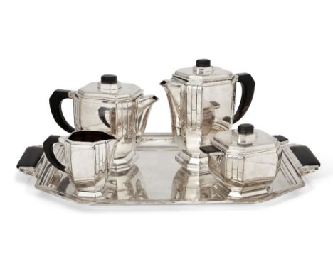 A French Art Deco silver plated coffee and tea set, by Argental, circa 1930, each part stamped with manufacturer's marks, Tra