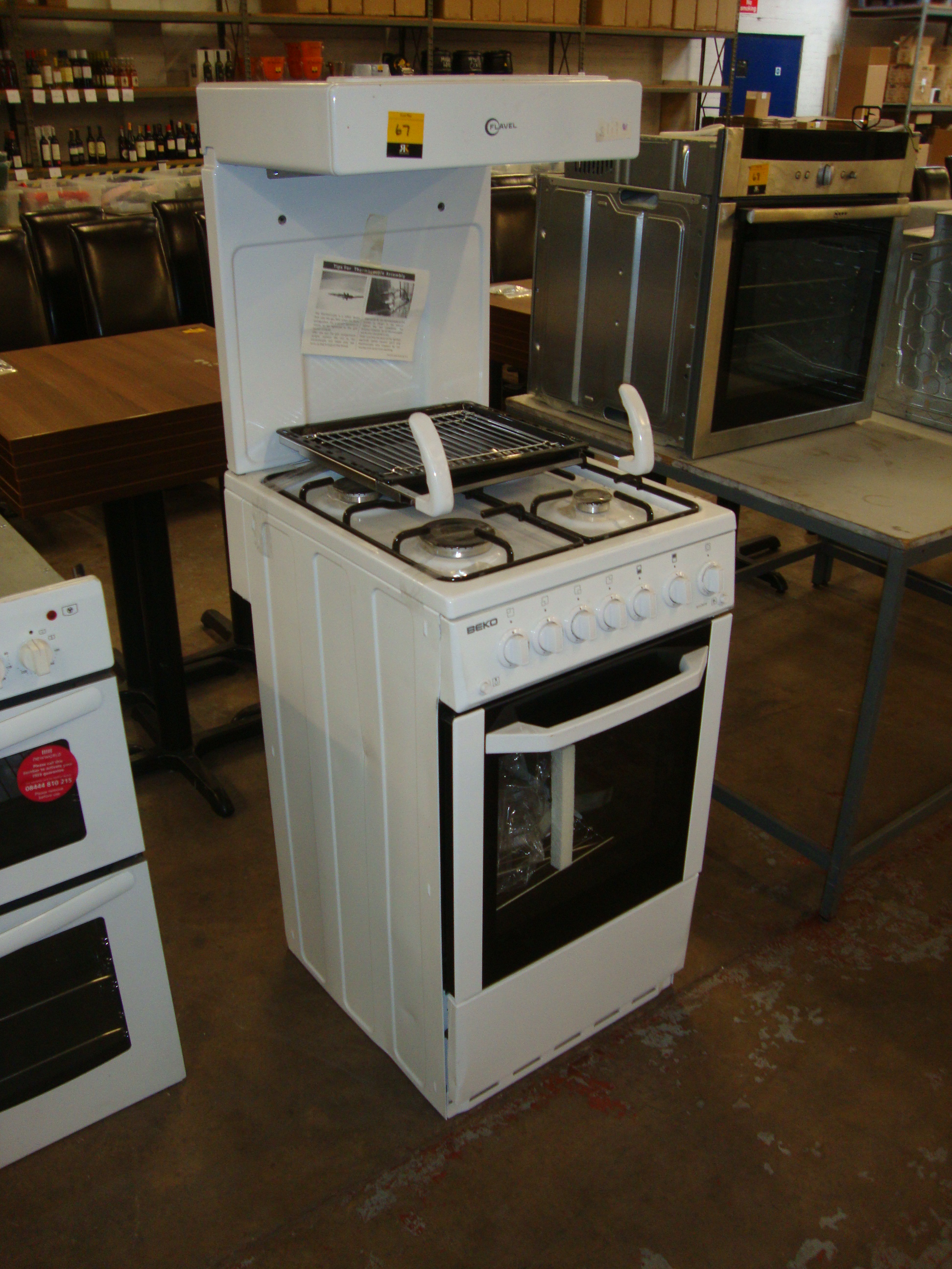Beko Flavel white floorstanding oven with 4 ring gas burner & overhead