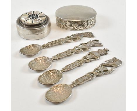 A collection of 20th century middle eastern silver. To include a collection of 4 spoons having Egyptian assay marks and depic