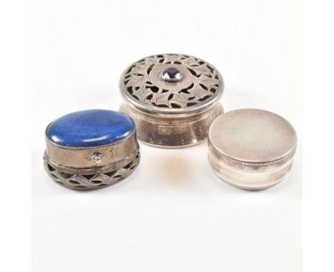 A collection of three 20th century silver and white metal boxes. To include a circular hallmarked silver pill box hallmarked 