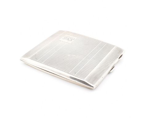 A hallmarked silver cigarette case. The case having a machine turned lid and engraved cartouche. Hallmarked Birmingham, date 