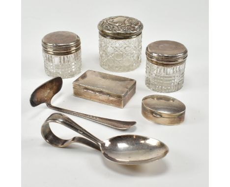 A collection of hallmarked silver items. To include two Victorian cut glass&nbsp;powder or rouge pots, the lids being hallmar