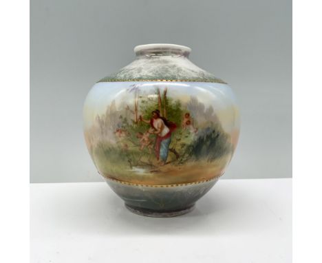 A round-bodied vase with a slender opening, painted in an outdoor color palette, featuring artwork of a woman and baby cupids