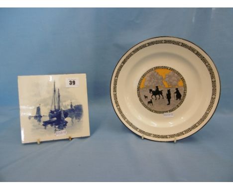 A Royal Doulton Kensington Gardens plate and a blue and white tile