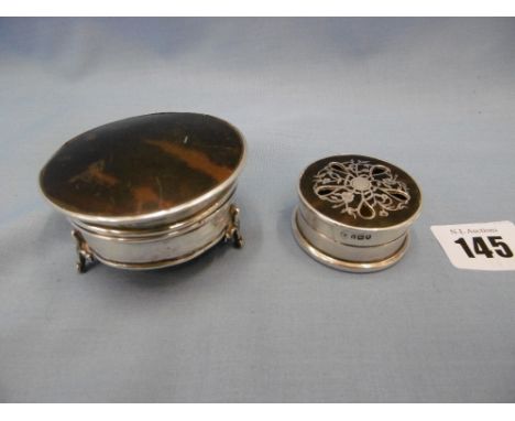 A hall marked silver faux silver tortoiseshell trinket box and jewellery box