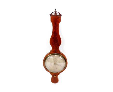 A George III large dialed wheel barometer, with engraved steel dial incorporating a hygrometer and thermometer, 31 cm Dia, in