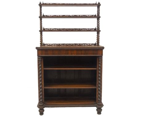 An early Victorian rosewood chiffonier, with three tier shelf top, with pierced gallery and double barleytwist supports, the 