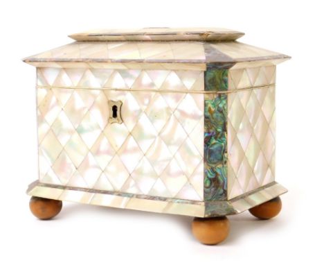 A 19thC mother of pearl tea caddy, of rectangular form with canted corners and flanged hinged lid, with borders of abalone sh