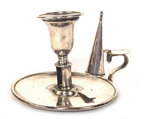 A George III silver chamber candlestick, with a plain urn shaped candle holder and sconce supported on a plain pan with scrol