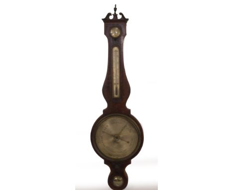 A early 19thC flamed mahogany wheel barometer, with swan neck pediment with urn finial, satinwood crossbanded case, silver hy