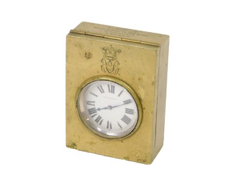 A Victorian brass cased coach watch case, containing a silver cased pocket watch by Russells, open faced, keyless wind, ename