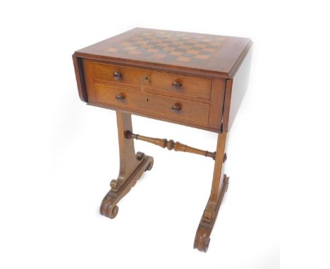 A Regency rosewood and marquetry games table by Morant, with chequerboard inlaid top having two fall leaves and two shallow d