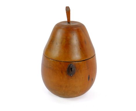 A George III style fruitwood pear shape tea caddy, with stalk handle and iron key escutcheon, 18.5cm H.