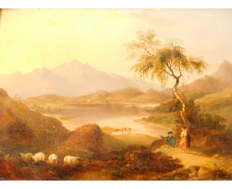 19thC English School.&nbsp; Lakeland scene with sheep and figures in the foreground, oil on panel, framers stamp verso for L 