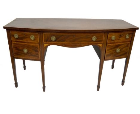 A George III mahogany bowfront sideboard, with satinwood banding box and ebony stringing central frieze drawer with oak linin