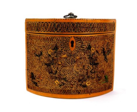 A George III scrolled paperwork tea caddy of navette form, with boxwood banding, the hinged lid with metal ring handle, openi
