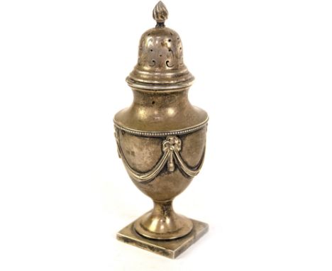 A late Victorian silver sugar caster, of urn shaped design, with flame finial to the push on cover, having applied swag decor