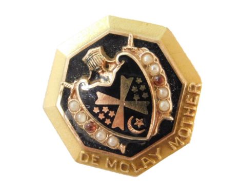 A De Molay Mother octagonal brooch, with central black enamel decoration with raised shield and sword design, set with seed p