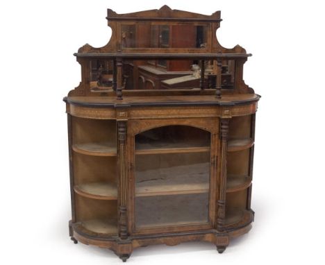 A Victorian figured walnut side cabinet, with gilt scratch carved and boxwood strung decoration to the upper part, with shelf